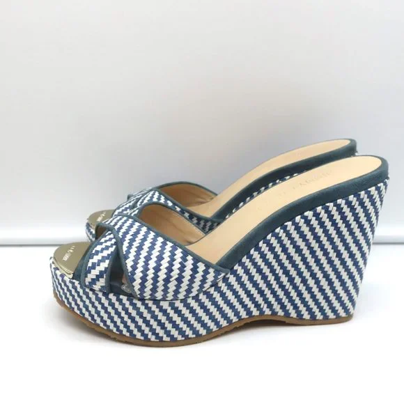 JIMMY CHOO PERFUME CRISSCROSS PLATFORM WEDGE SANDALS BLUE WOVEN RAFFIA SIZE 37 - Picture 6 of 11